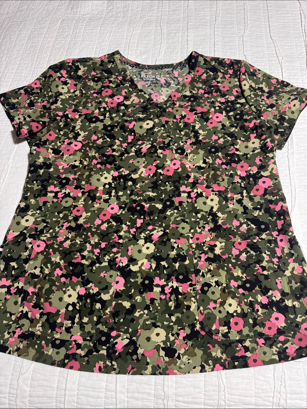 V-Neck Floral Camo Scrub Top - Pink & Olive